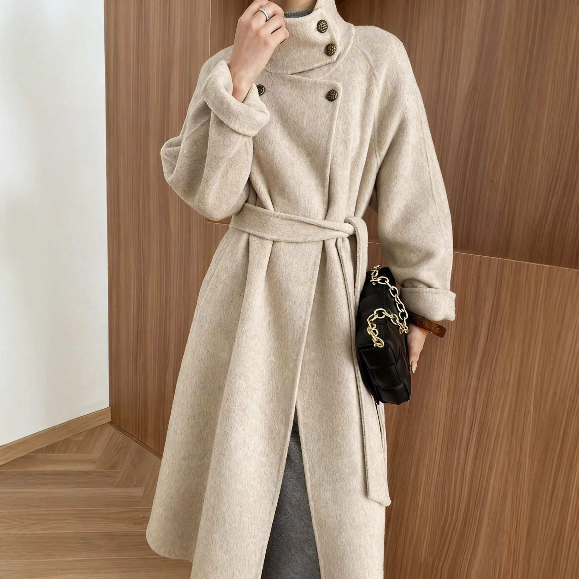 [Медный воротник с пряжкой] Кашемировое пальто для женского корейского высокого уровня A Edition свободная длинная толстая двухсторонняя шерстяная куртка