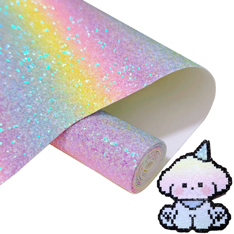 Sharon Leather Wholesale Chunky Glitter Rainbow Grille Sequins Gradient Dyeing Patchwork Iron-On Fabric Small Roll Pu