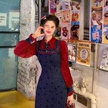 法式复古撞色拼接长袖连衣裙女秋冬季新款收腰显瘦气质长裙子