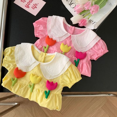 婴儿花朵包屁衣0-2岁夏季女宝宝娃娃领韩版撞色爬服周岁礼服ML978