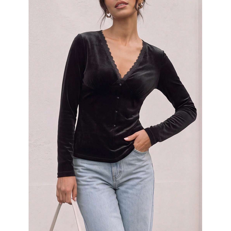 Amazon cross-border European goods autumn new solid color lace trim V-neck front button long-sleeve slim-fit women's shirt top