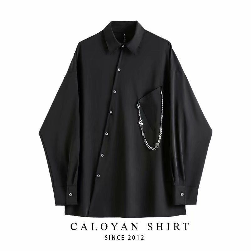 Hong Kong Style Retro Oblique Placket Long-Sleeved Shirt Men's Design Asymmetrical Loose Asymmetrical Chain Hip-Hop Shirt Hong Kong Style Retro Oblique Placket Long-Sleeved Shirt Men's Design Asymmetrical Loose Asymmetrical Chain Hip-Hop Shirt