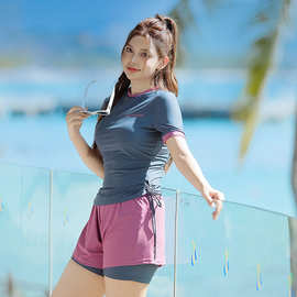 新款泳衣女微胖mm显瘦遮肚双层裤宽松保守防走光分体两件运动泳装