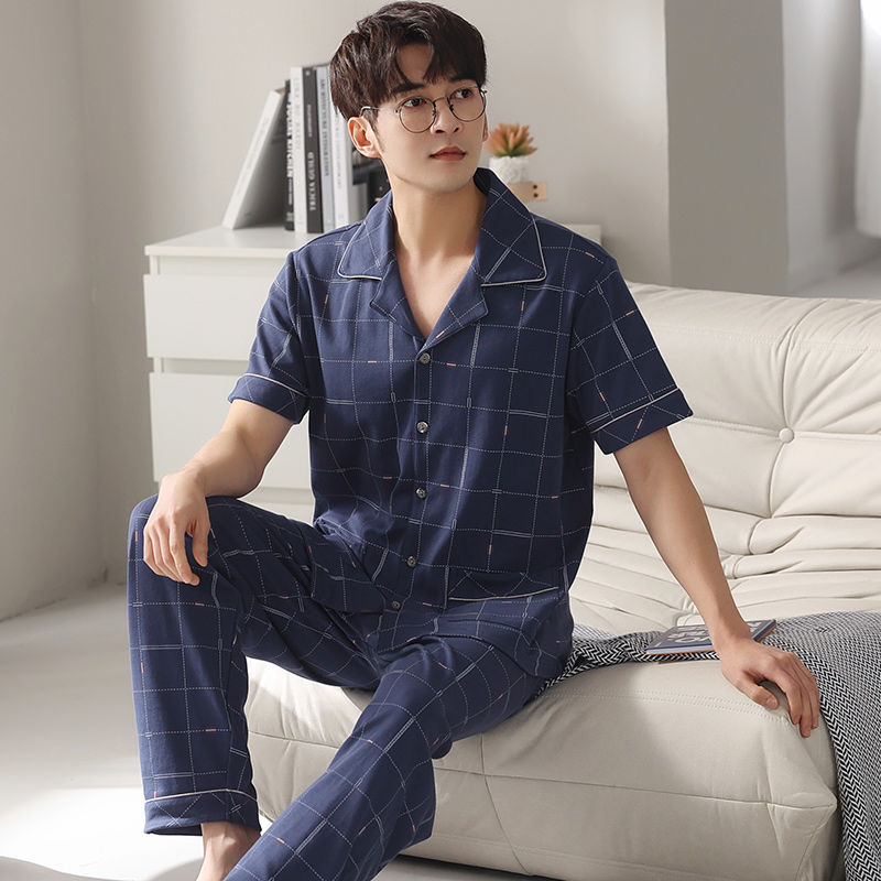 Pijamas de los hombres de verano 100% pantalones de algodón de manga corta cardigan de los hombres ropa de verano delgado más traje de tamaño