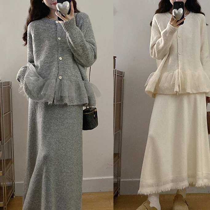 Plus-Size Autumn and Winter New Niche Gentle Knit Sweater for Women, Lazy Style Slimming Knit Top and Skirt Set for Women