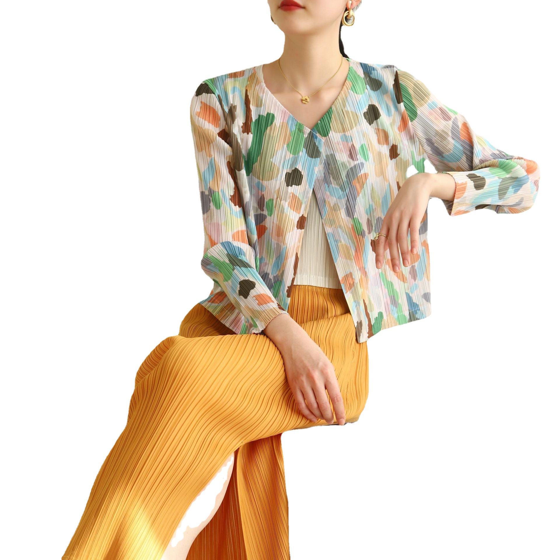 Contador de calidad 2022 otoño y primavera de alta gama plisada moda impresa cardigan versátil casual abrigo corto plisado
