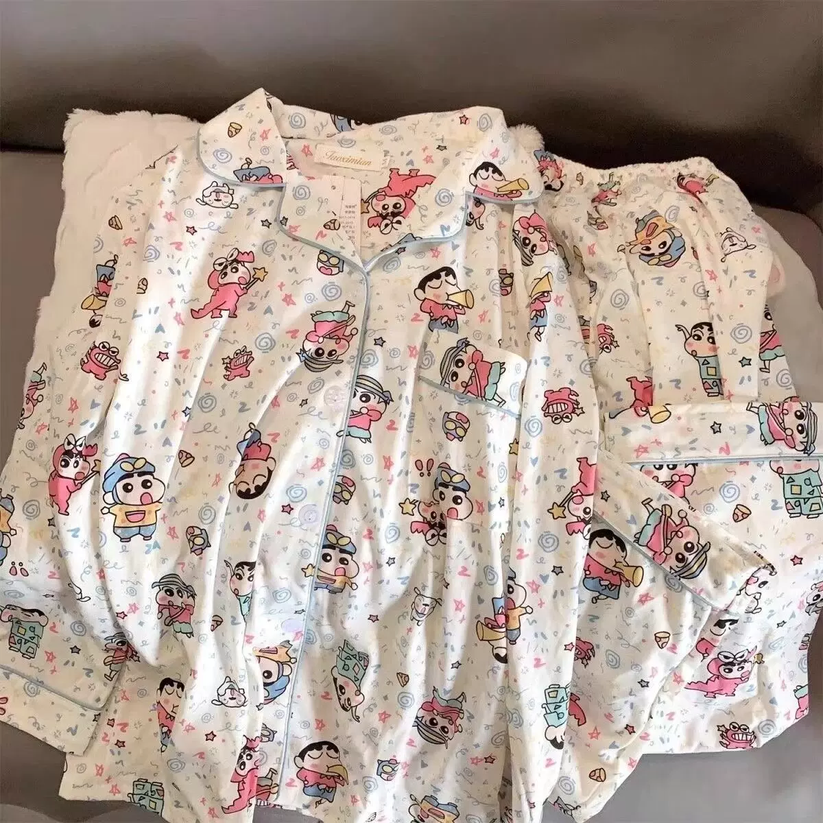 跨境外贸爆款春秋睡衣女云朵棉开衫翻领长袖长裤卡通家居服女套装