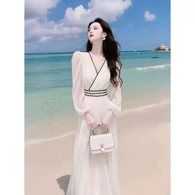 小香风白色雪纺连衣裙2025早春海边度假风法式超仙仙女收腰长裙子|undefined