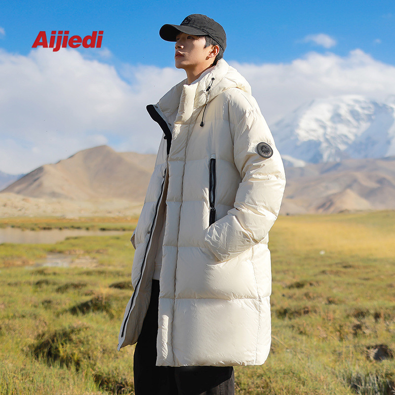 Demi-season long fashionable warm down jacket with hood