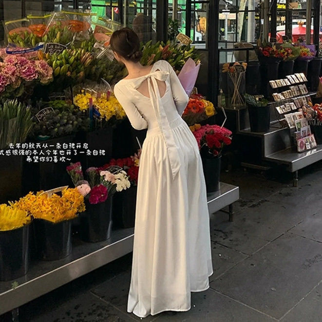 法式白色露背绑带长袖收腰显瘦连衣裙遮肉气质名媛蝴蝶结大摆长裙|undefined