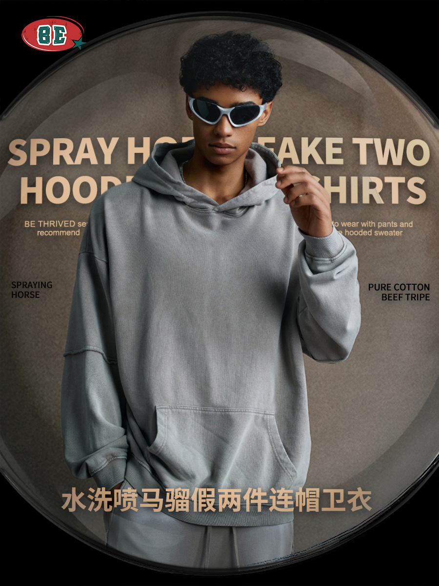 BE Men's Wear 2025 Autumn European and American High Street Heavy Supersize Old degradado falso suéter de dos piezas con capucha para hombres image 6