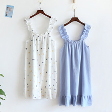 夏天吊带睡裙纯棉双层纱布中长款裙子宽松大码甜美居家薄款睡衣