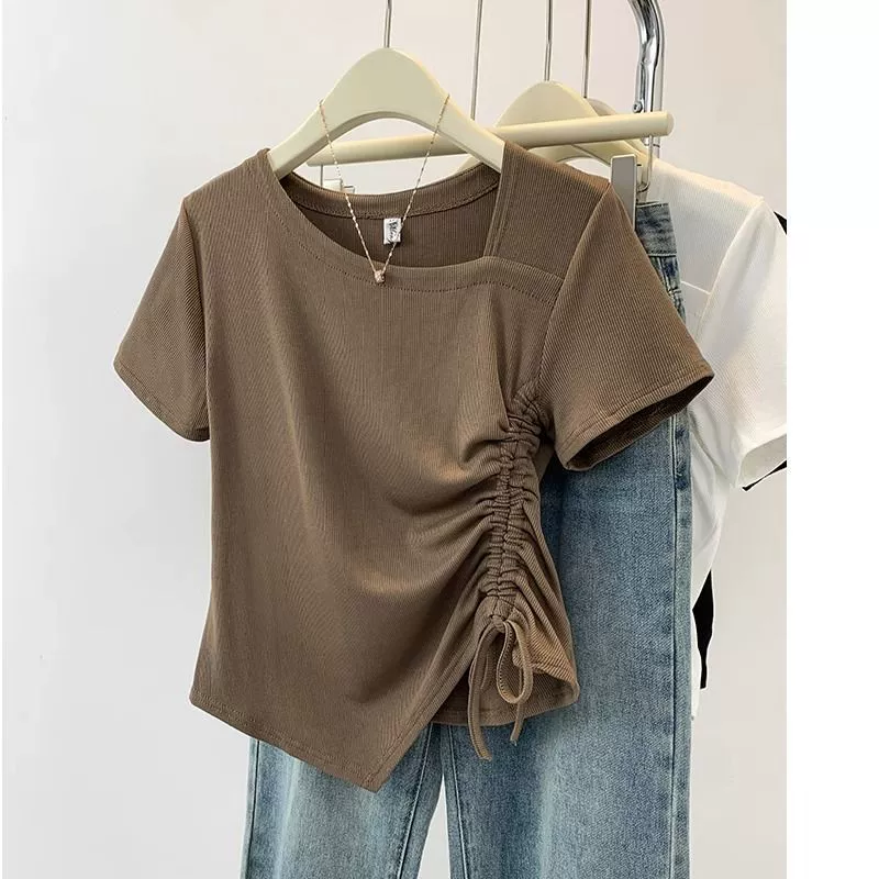 Женская летняя рубашка больших размеров с неровным подолом на правое плечо, с закрытым животом, для похудения, рубашка с короткими рукавами и шнурком, женский топ 120kg