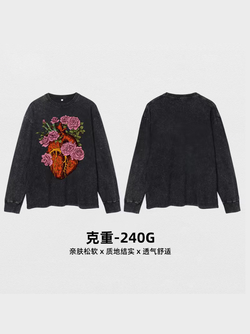 Camiseta de manga larga impresa de marca de alta calle oscura, camiseta para hombres, camiseta de base de pareja suelta de tamaño grande