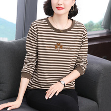 中年妈妈时尚洋气T恤2024冬季新款条纹时尚休闲长袖宽松打底衫女