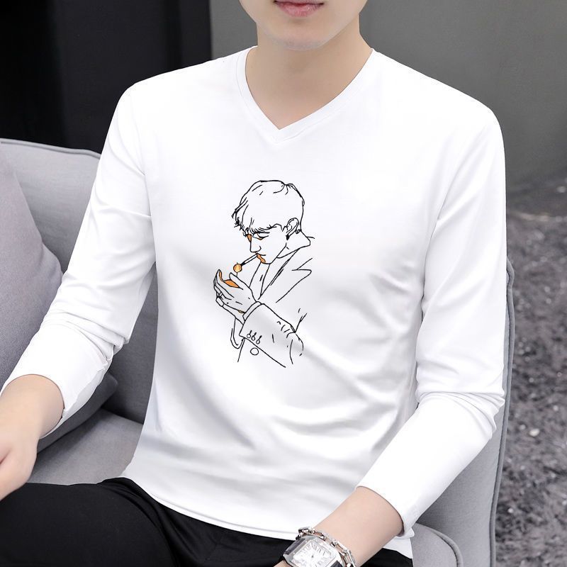 男士95棉长袖T恤v领春秋款透气打底衫休闲百搭鸡心领上衣男