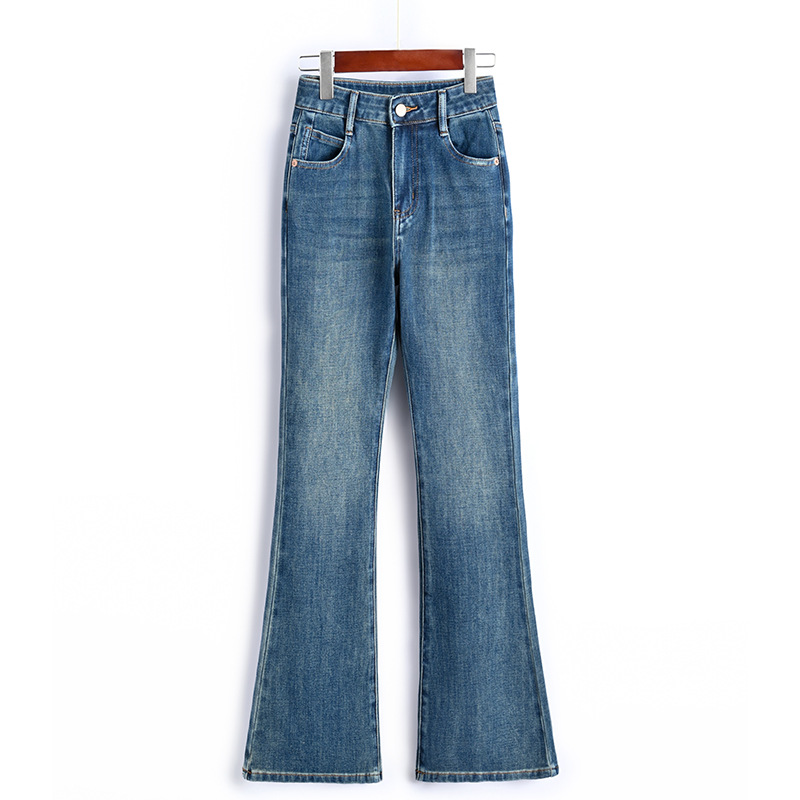 New washed high-waisted micro-flare jeans for spring 2025, women's high-waisted slim bell-bottom pants loose horseshoe pants