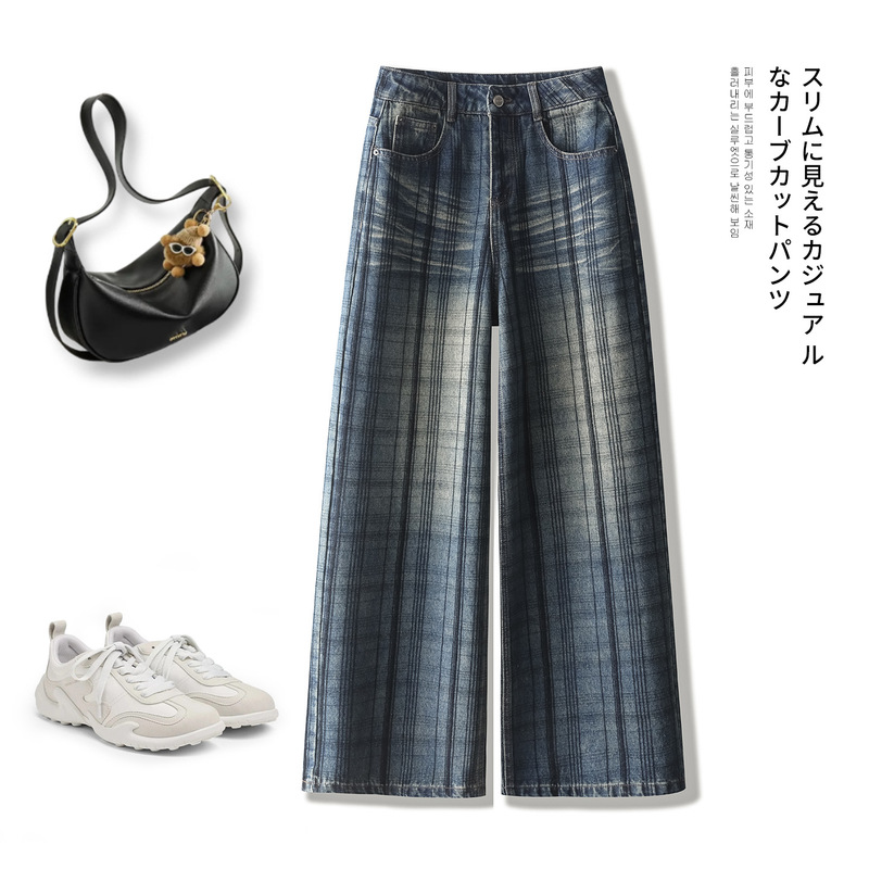 American retro striped wide-leg jeans for women, autumn 2026 new style, high-waisted, loose, stylish, floor-length straight pants American retro striped wide-leg jeans for women, autumn 2026 new style, high-waisted, loose, stylish, floor-length straight pants