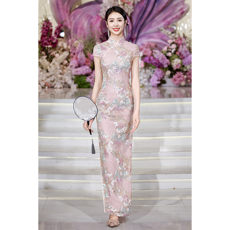 High-End Elegant Cheongsam with Intricate Embroidery, Pink Sequin Embroidery, High-End New Runway Cheongsam, Vintage Long Dress