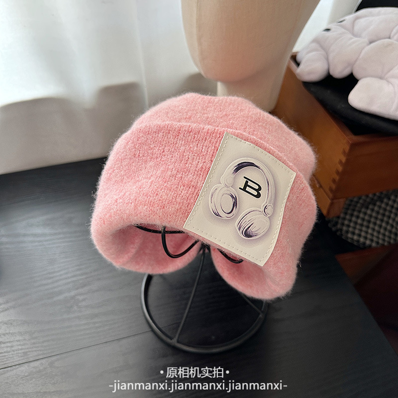 多色新款耳机贴布针织帽秋冬保暖日常百搭大头围宽松堆堆帽冷帽女|undefined