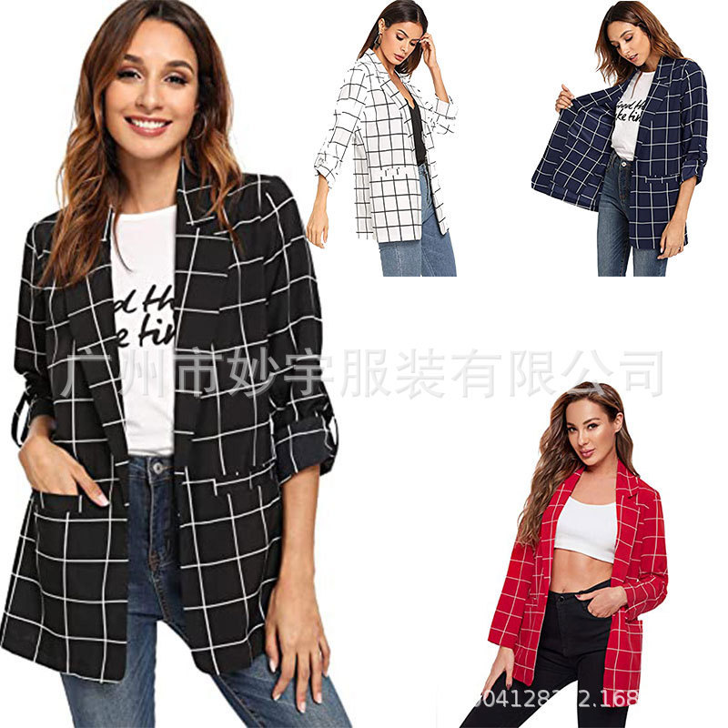 2021 Amazon AliExpress Women's Front Cardigan casual lightweight plaid roll-up sleeve jacket shirt
