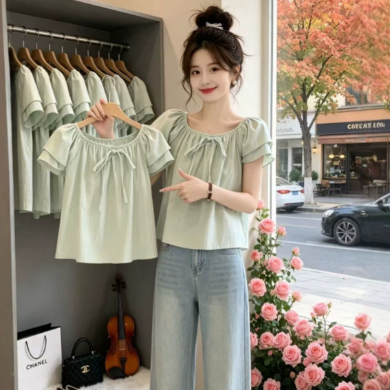 White New Summer Sweet and Cool Niche Shirt for Women, New One-Line Collar Versatile Shirt, Korean Style Super Fairy Doll Shirt for Women