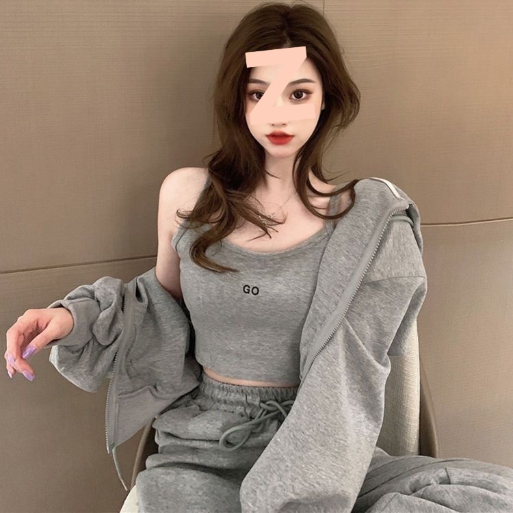 休闲运动套装女秋季新款宽松显瘦卫衣外套背心束脚长裤三件套洋气|undefined