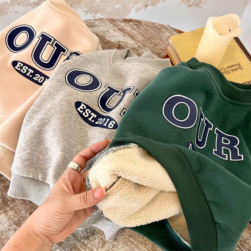 Kid's Clothing Spring And Autumn And Winter Boys And Girls Printed Letters Warm Tide Treasure Plus Velvet Thickened Our Sweatshirt Suit_voghion.com