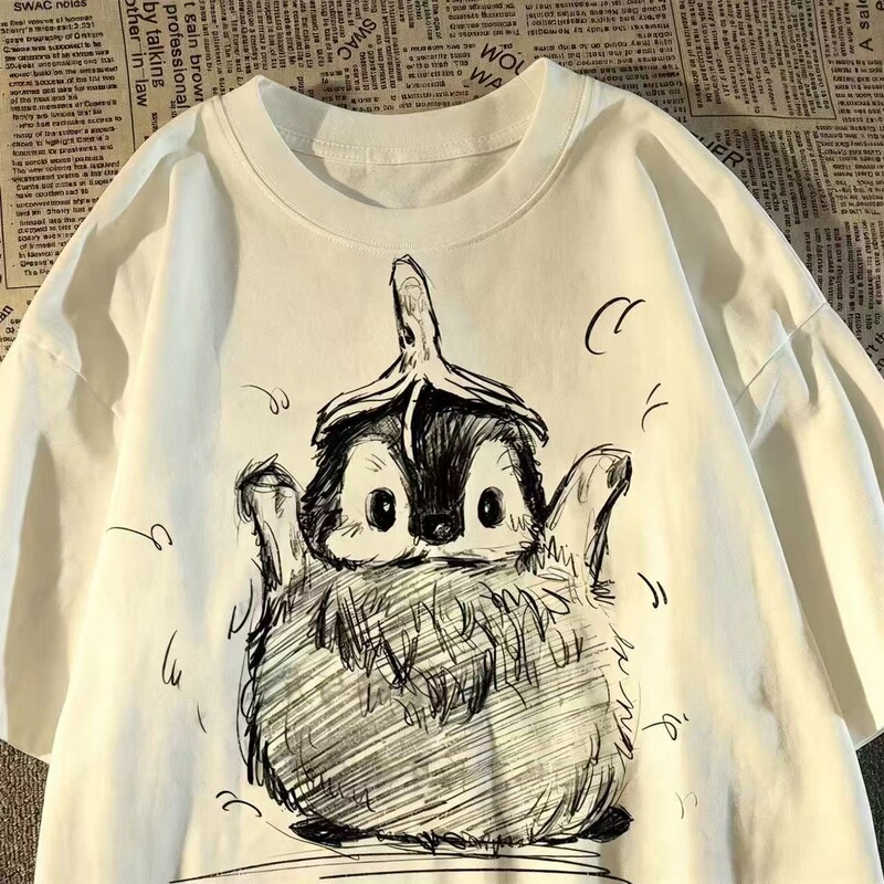 Pure Cotton Japanese-Style Fun and Cute Penguin Print Short-Sleeved T-Shirt for Men and Women, Loose Summer Oversize Top
