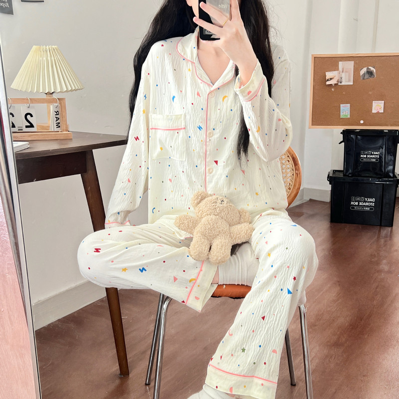 跨境直播睡衣女春秋云朵棉翻领开衫长袖长裤卡通甜美家居服女套装|undefined