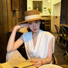 老钱风复古平顶草帽女夏沙滩海边度假防晒帽子英伦风草编遮阳礼帽