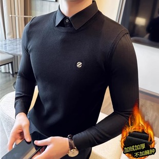 Winter New Men's Fake Two-piece Knitted Sweater fleece-lined Thickened Warm High-grade Shirt Collar Sweater