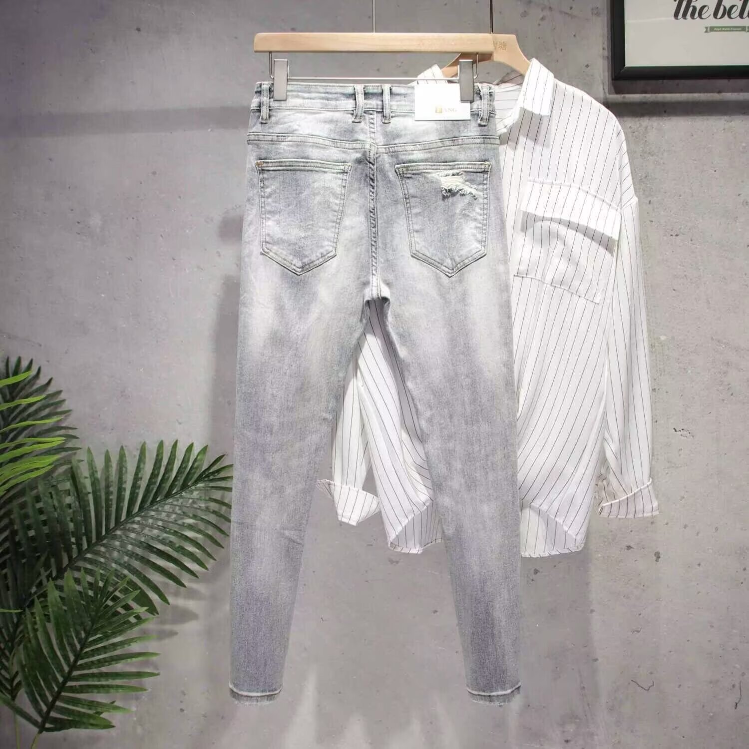 American High Street Ripped Jeans For Men Slim Fit Straight Long Trendy Zipper Cuff Cool Pants Fashion_mkmklike.com