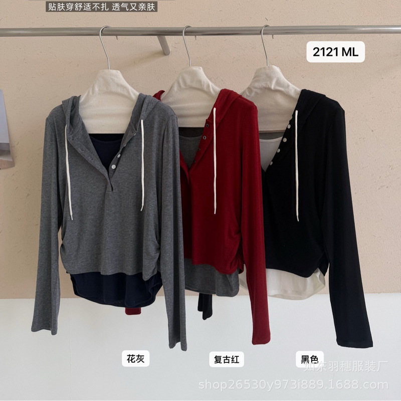 Autumn color-blocked faux two-piece hooded base shirt T-shirt for women, vintage basic versatile long-sleeve hoodie top LA51 Autumn color-blocked faux two-piece hooded base shirt T-shirt for women, vintage basic versatile long-sleeve hoodie top LA51