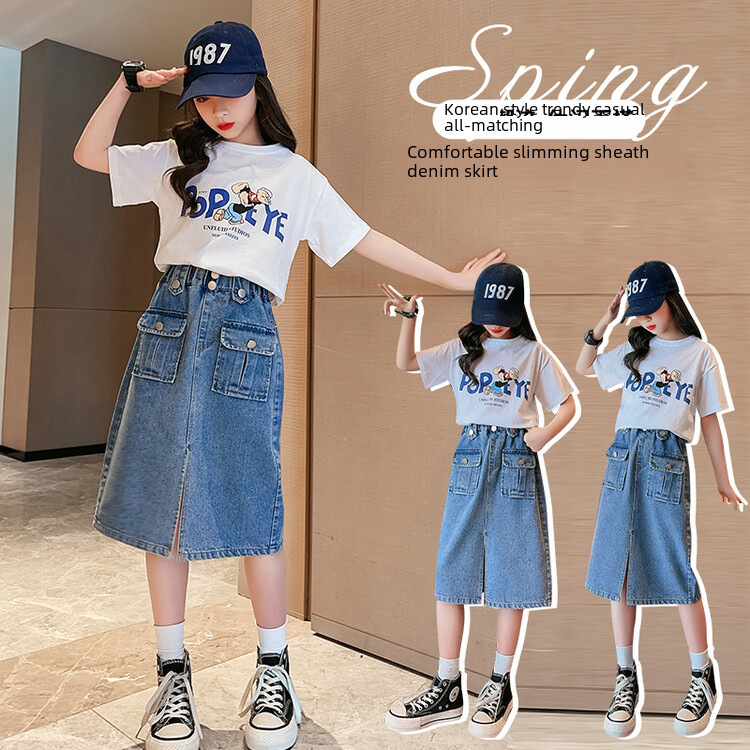 Summer 2023 New Girls' Summer Outfit Medium Kids Trendy Short Skirt Korean Style Personality Denim Cut-Out High-Waisted Skirt