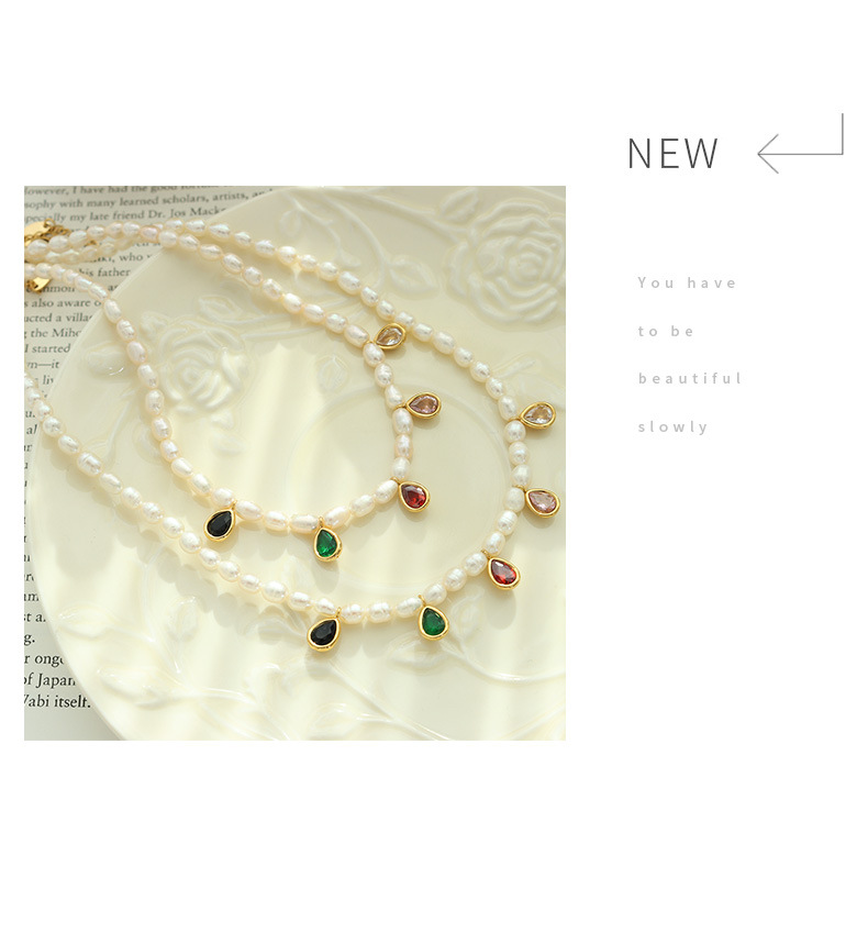 Fashion Water Droplets Titanium Steel Choker Pearl Inlay Artificial Crystal Stainless Steel Necklace