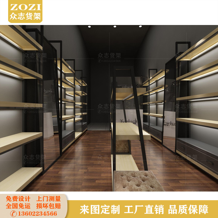 休闲鞋架展示架免漆木纹板铁艺鞋帽包包陈列架靠墙通透高柜设计图