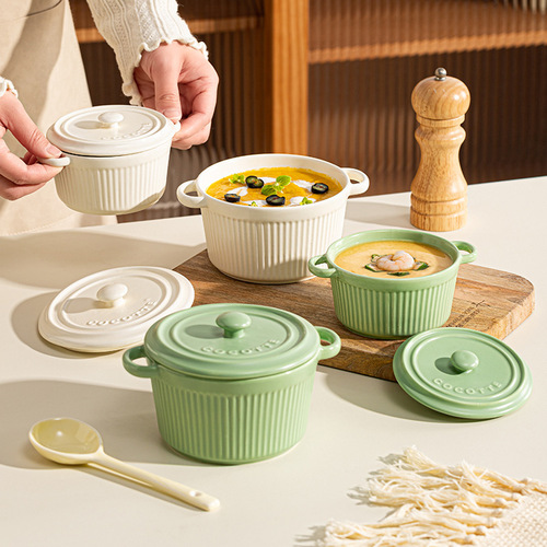 Ceramic Minimalist Striped Double-Eared Covered Steamer Egg Home Use One Person Portion Creative Stew Pot Soup Bowl Baking Bowl Soup Bowl Tableware