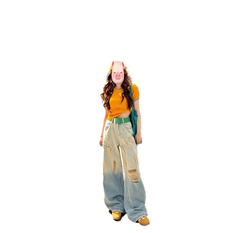 夏季美式复古穿搭女2025新款多巴胺撞色针织短袖破洞牛仔裤两件套|undefined