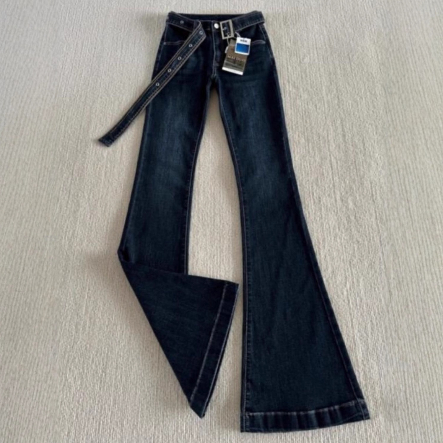 Women's Extra Long Flared Jeans 175 Cm Tall Dark Blue Low Waisted Slim Fit Stretchy Floor Length_voghion.com