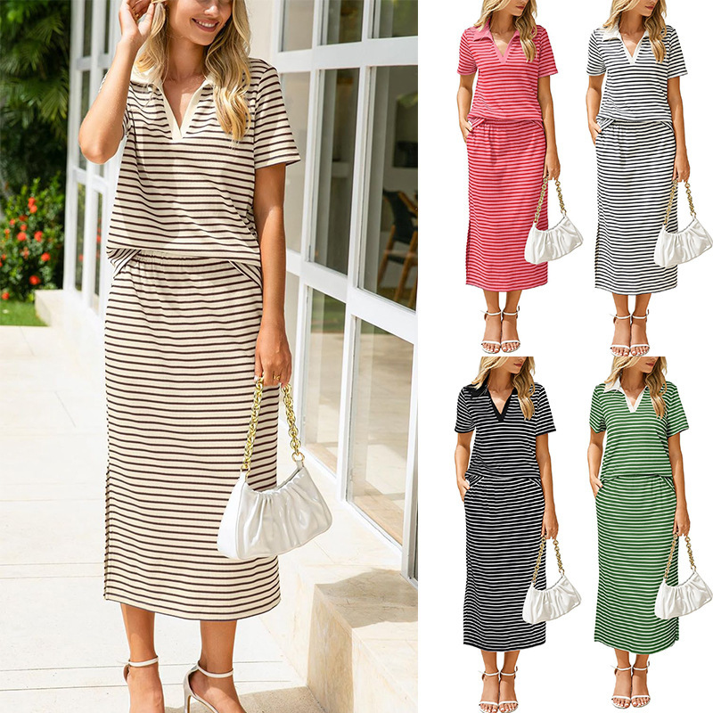 2026 Summer New Amazon European and American Foreign Trade Tk Women's Casual Lapel T-Shirt and Slit Skirt 2-Piece Set