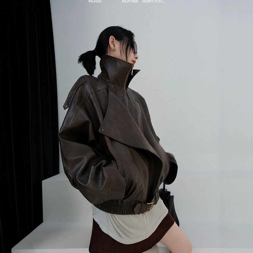 American Retro Brown Leather Jacket Women's Autumn 2024 New Bearer Suit High-end Commuter Style