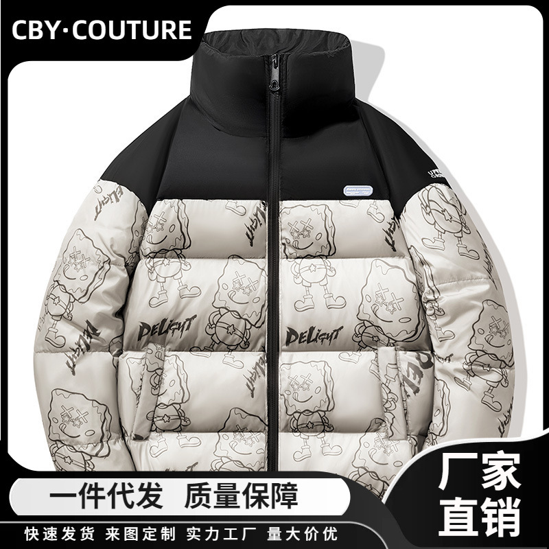 2024冬新款短款羽绒服男潮牌加厚趣味卡通立领外套情侣白鸭绒上衣