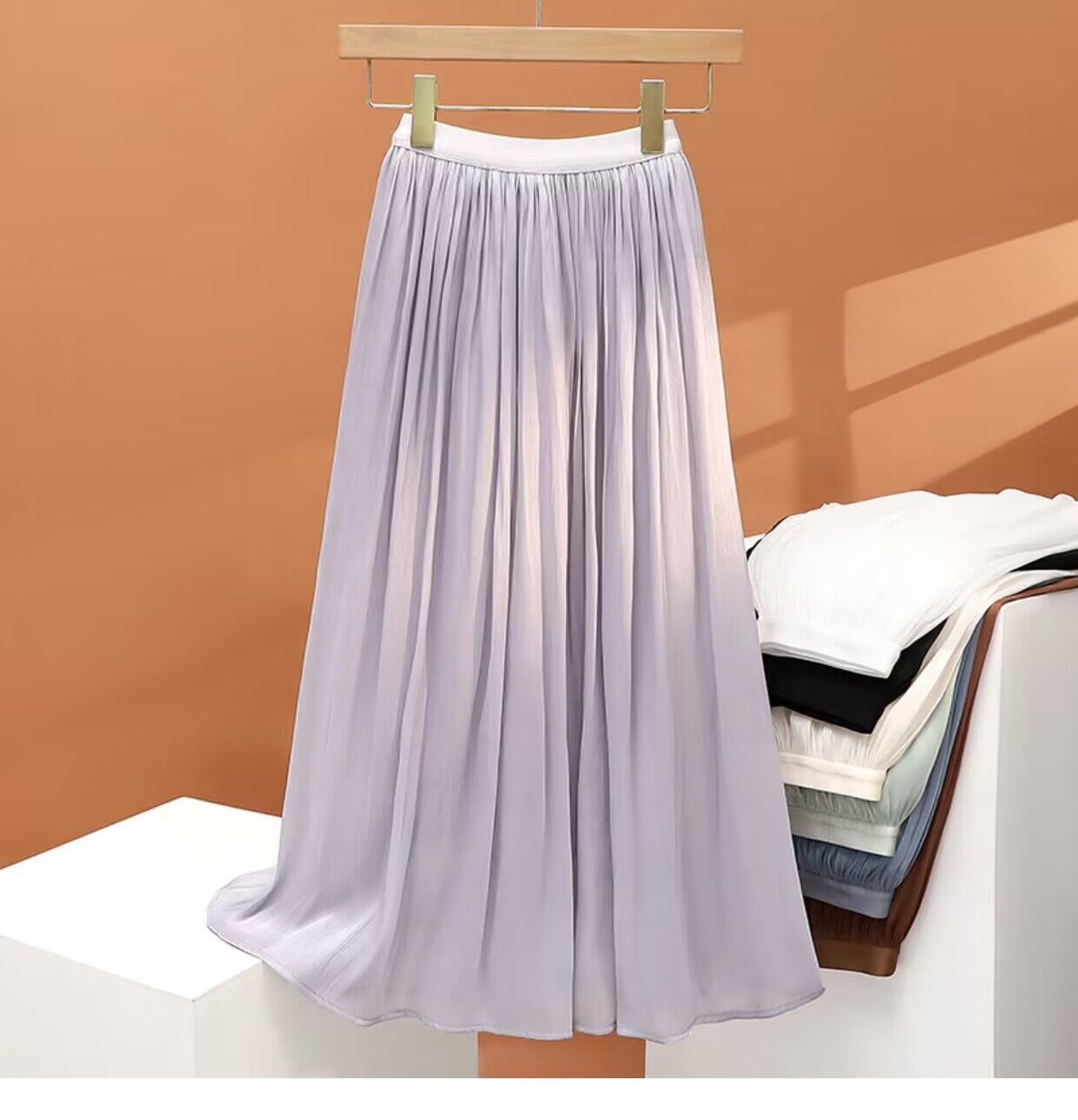 Chân váy xếp ly dáng dài nữ chất voan sợi streamer hiệu ứng ngọc trai — Màu sâm panh chi tiết 30