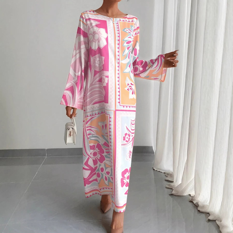 Casual Round Neck Long Sleeve Elegant Printed Long Dress, Round Neck, Long Sleeves, Style Robe