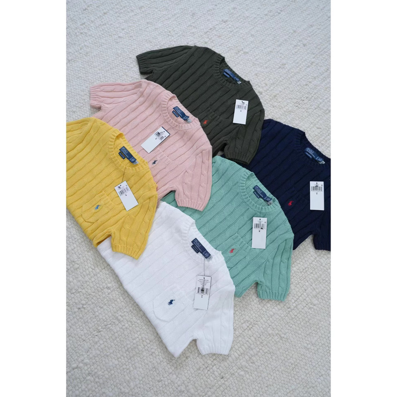 Rl Ralph Lauren Embroidered Horse Pattern Short-Sleeve Knit Top Women's Round Neck T-Shirt College Style Cable Knit Slim Fit