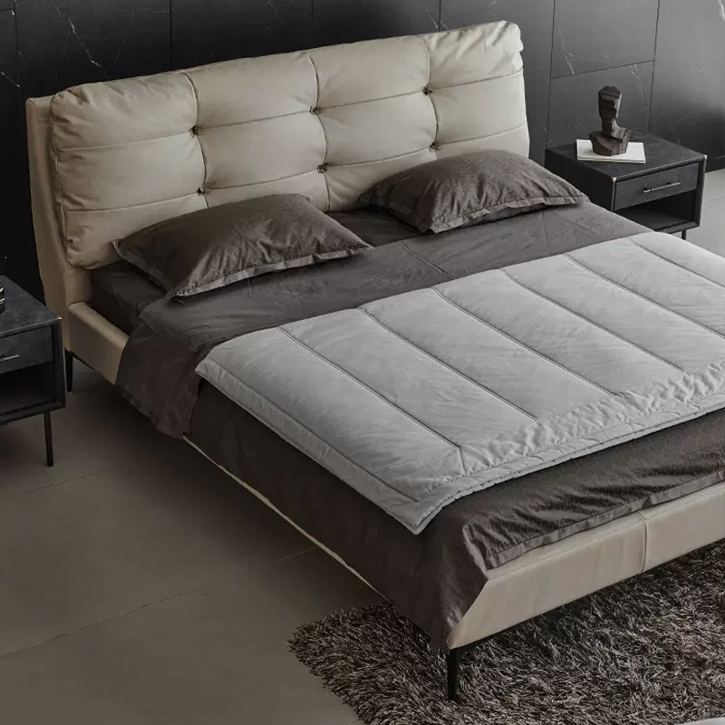 Cama de cuero de primera calidad estilo italiano minimalista, cama doble de cuero suave tipo nube para dormitorio principal con almacenamiento.
