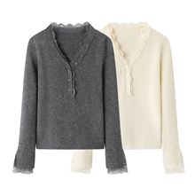 v领内搭针织衫女2025秋冬新款蕾丝拼接修身灰色薄毛衣Z85W513B