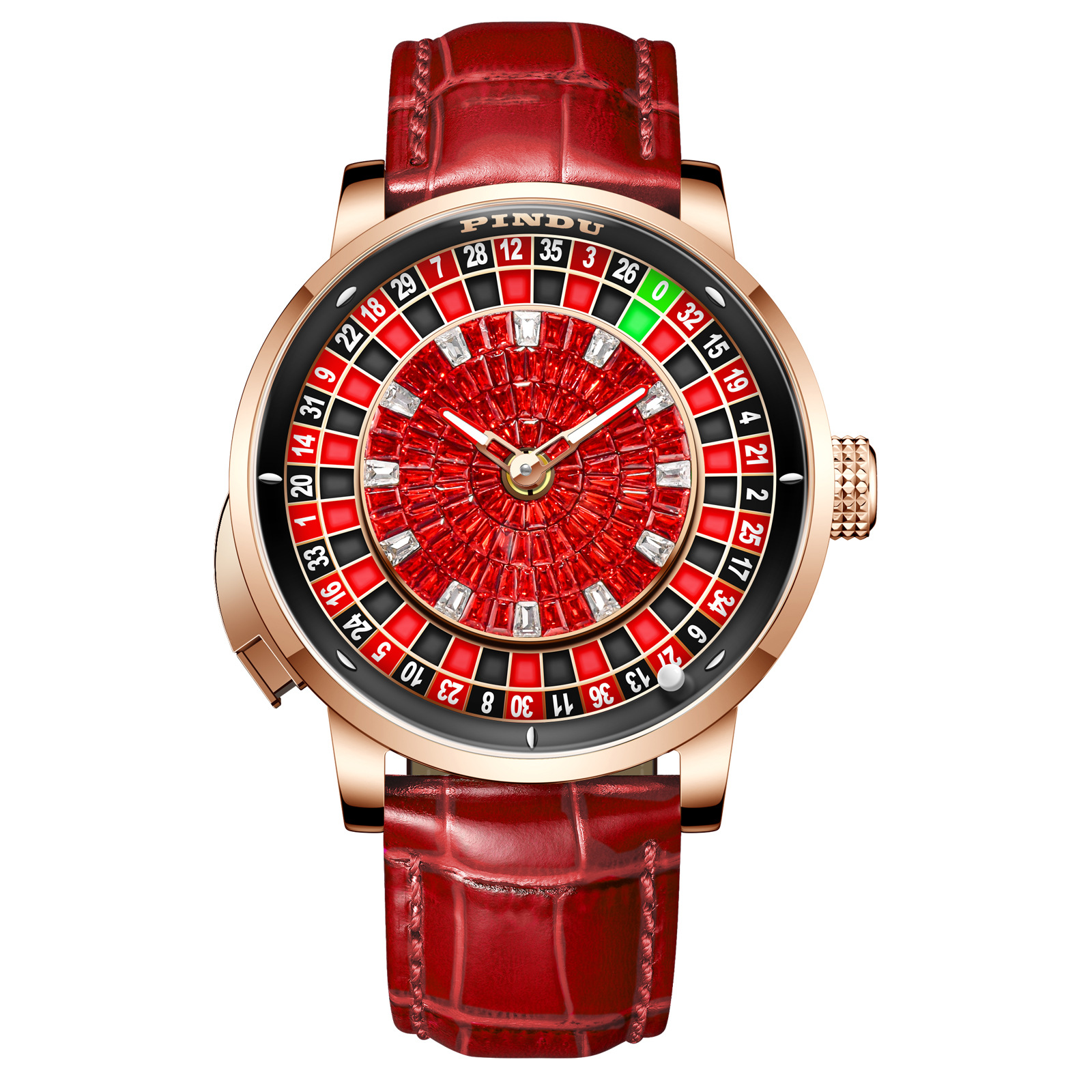 Đồng hồ nam automatic lộ máy, vỏ thép chống thấm nước, dây kim loại sang trọng — P6628-Thắt lưng kim cương đỏ đỏ