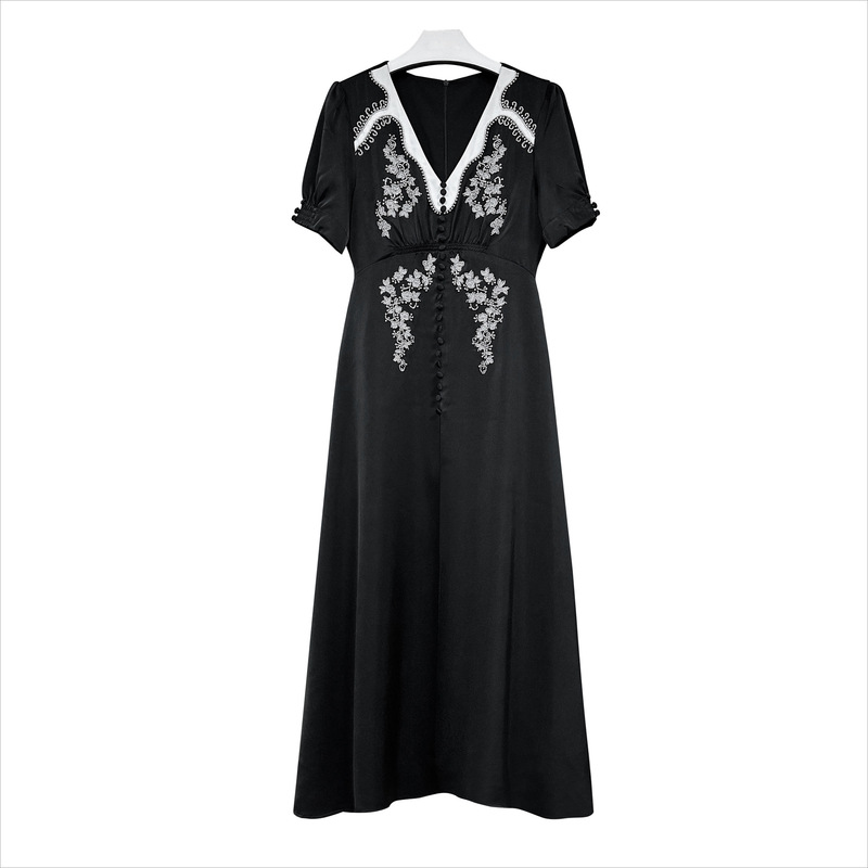 Summer New Style Black V Neck Embroidered Beaded Casual Sweet Long Dress